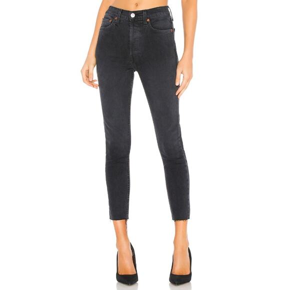 Re/Done Originals Faded Black High Rise Distressed Ankle Crop Jeans - Picture 2 of 13